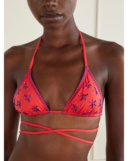Staud Red Lido Bead-Embellished Triangle Bikini Top
