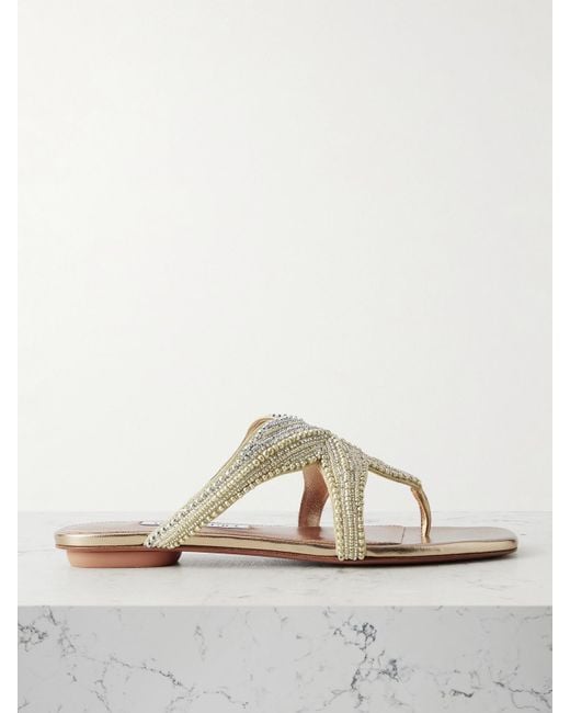 Aquazzura Natural Reef Star Zehensandalen Aus Metallic-Leder Mit Zierperlen
