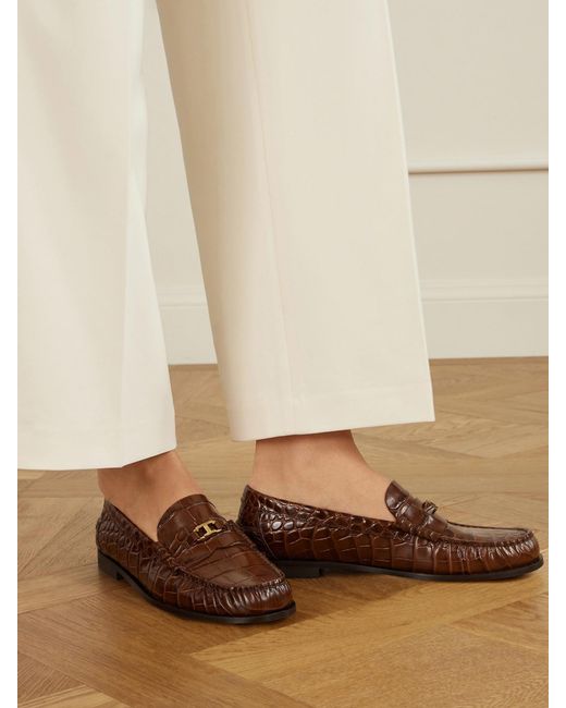 Tod's Brown Embellished Croc-Effect Leather Loafers