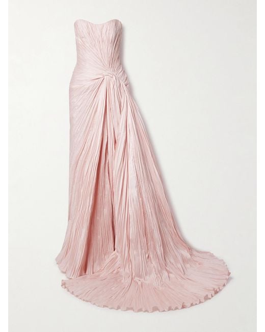 Marmar Halim Pink Strapless Gathered Plissé-Taffeta Gown