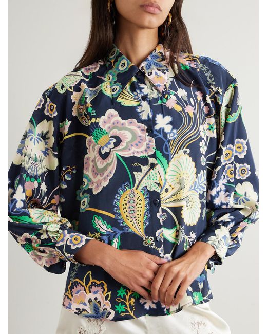 Alix Of Bohemia Blue Emery Printed Silk Crepe De Chine Shirt