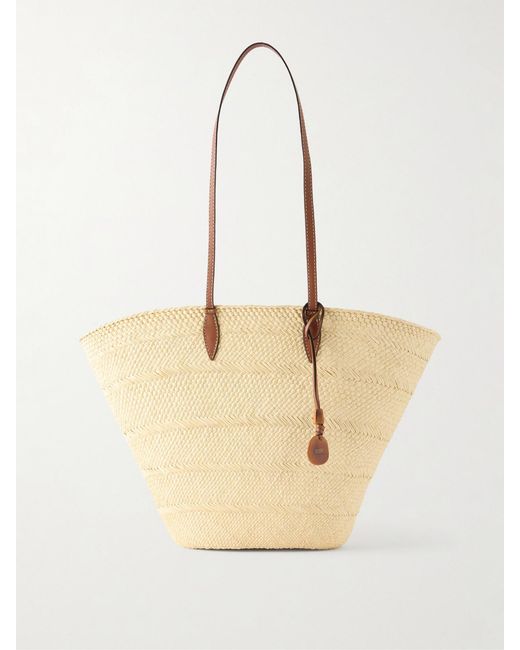 Hunting Season Natural Trapeze Basket Leather-Trimmed Woven Raffia Tote
