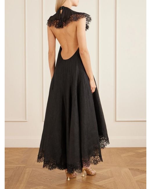 Zimmermann Black Ascent Flutter Lace-Trimmed Linen And Silk-Blend Gown