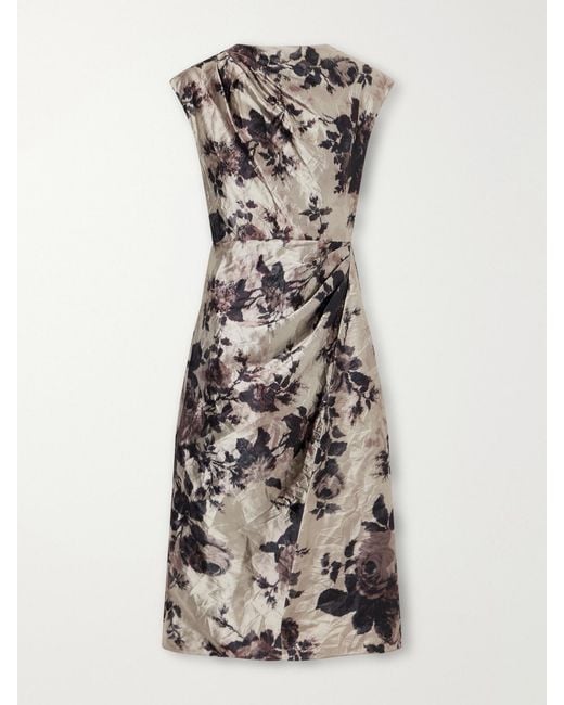 Erdem Multicolor Floral-Print Gathered Crinkled-Satin Midi Dress