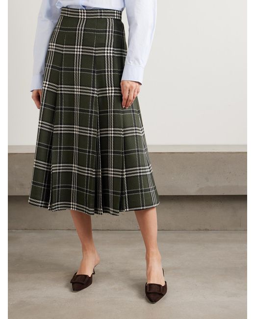 Emilia Wickstead Green Kensie Checked Wool-Blend Midi Skirt