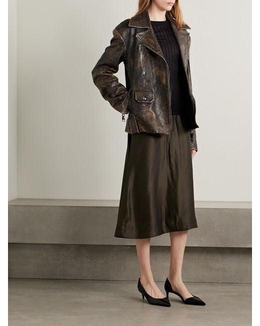 Khaite Black Nania Satin-Twill Midi Skirt