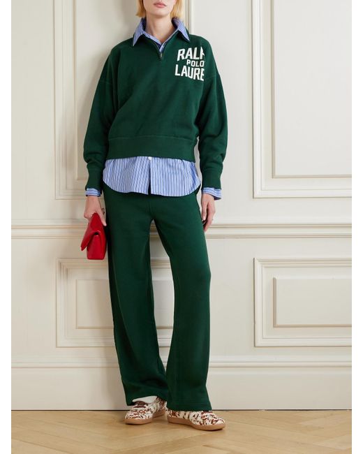 Polo Ralph Lauren Green Embroidered Cotton-Blend Jersey Wide-Leg Track Pants
