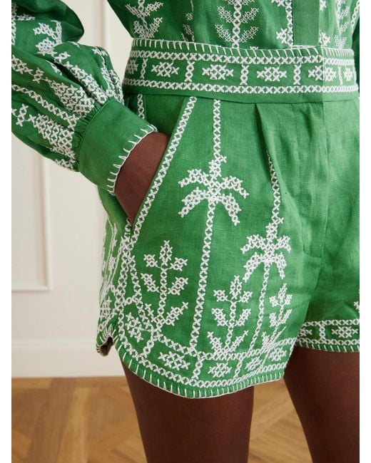 Farm Rio Green Embroidered Linen Shorts