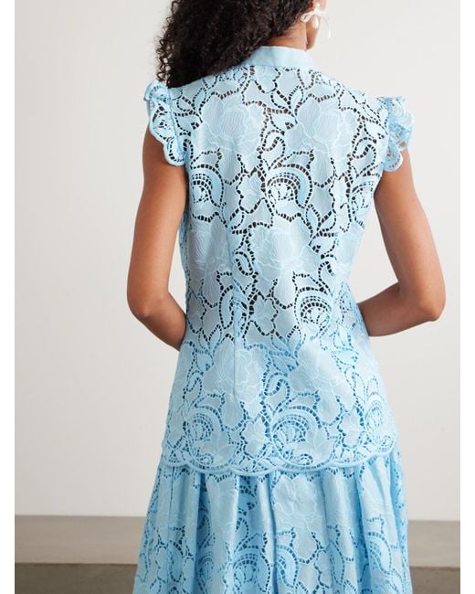 Erdem Blue Ruffled Broderie Anglaise Poplin Blouse