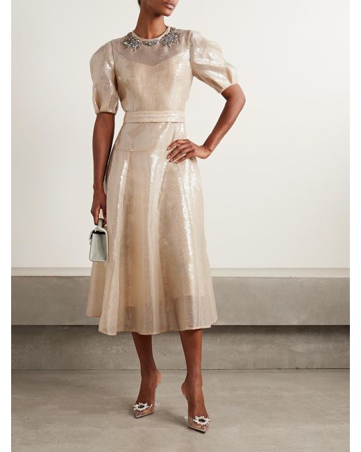 Erdem Natural Crystal-Embellished Sequined Organza Midi Dress