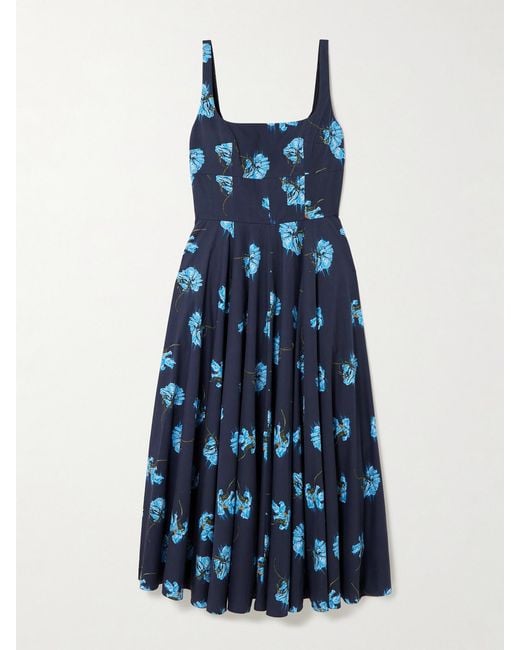 Emilia Wickstead Blue Mona Floral-Print Cotton-Poplin Midi Dress