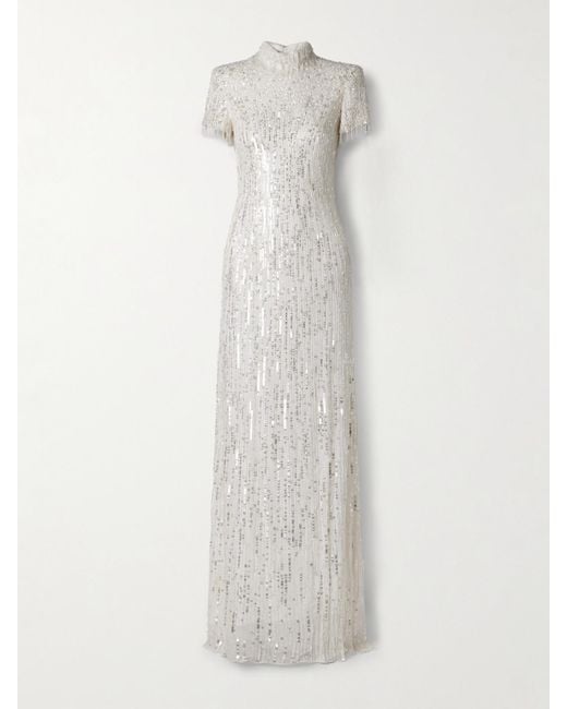 Jenny Packham White Madeleine Embellished Chiffon Gown