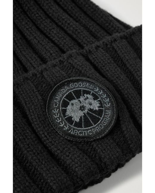 Canada Goose Black Tech Toque Pompom-Embellished Appliquéd Cashmere And Wool-Blend Beanie