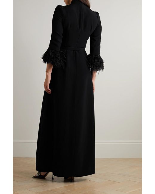 Andrew Gn Black Belted Crystal And Feather-Embellished Crepe Gown