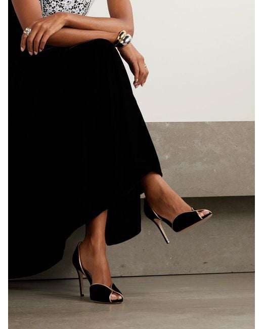 Gianvito Rossi Black 95 Metallic Leather-Trimmed Velvet Pumps
