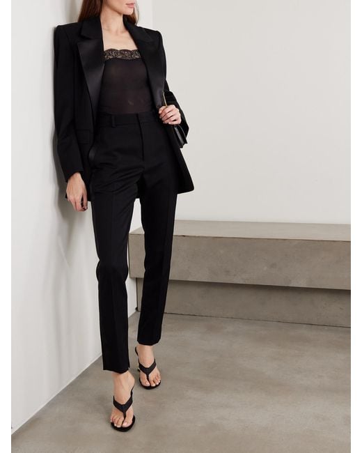 Saint Laurent Black Top Aus Geripptem Seiden-Jersey Mit Spitzenbesatz