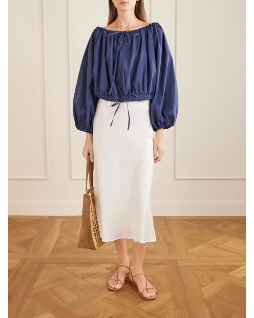 BERNADETTE Blue Ally Off-The-Shoulder Cropped Cotton-Blend Blouse