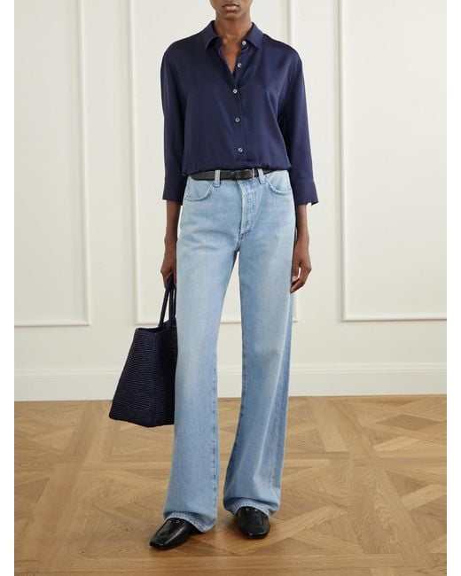 Theory Blue Gathered Crop Silk-Crepe Shirt