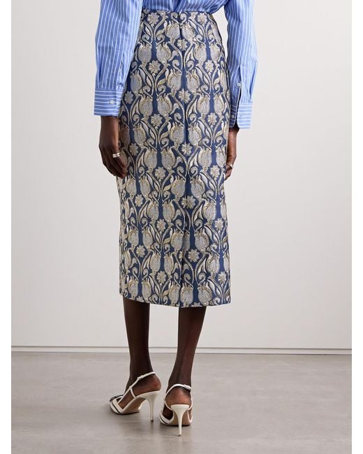 Valentino Garavani Blue Metallic Floral-Brocade Midi Skirt