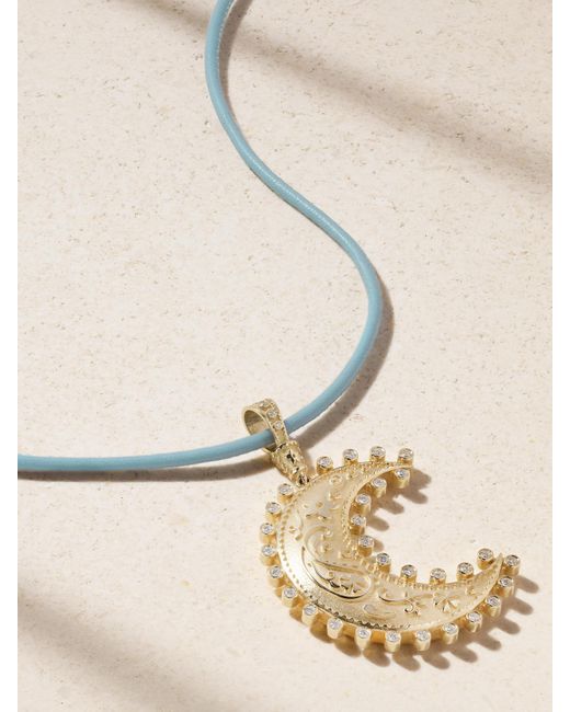 Marlo Laz Natural Large Southwestern Moon 14-Karat, Leather And Diamond Necklace