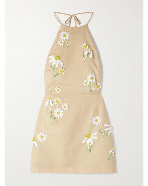 BERNADETTE Natural Delilah Embellished Cotton And Linen-Blend Mini Dress