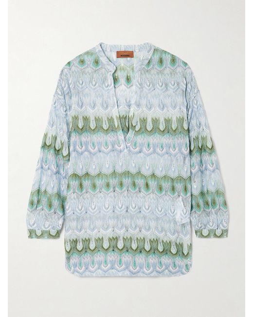 Missoni Blue Corean Striped Metallic Crochet-Knit Blouse