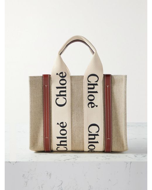 Chloé Natural Net Sustain Woody Small Embroidered Leather-Trimmed Linen Tote