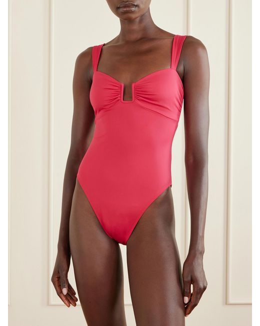 Away That Day Pink Cannes Embellished Gathered Swimsuit
