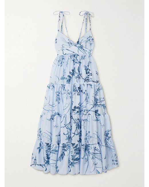Erdem Blue Tiered Floral-Print Cotton-Poplin Gown