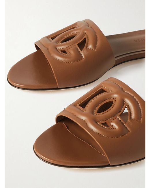 Dolce & Gabbana Brown Bianca Cutout Leather Slides