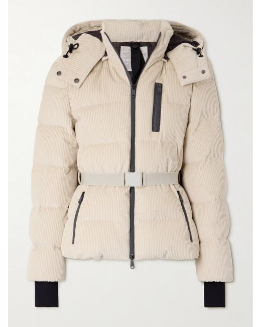 Brunello Cucinelli Natural Hooded Belted Bead-Embellished Ribbed Cotton-Velvet Ski Jacket