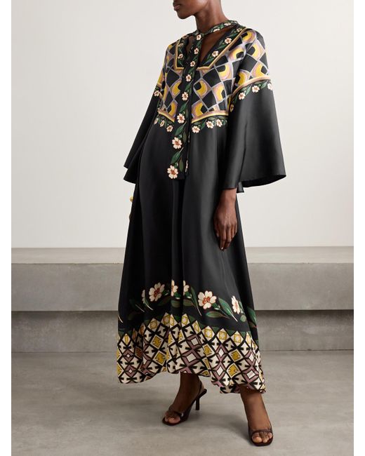 LaDoubleJ Black Magnifico Maxikleid Aus Bedrucktem Seiden-Twill Zum Binden