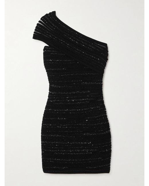 Balmain Black One-Shoulder Sequin-Embellished Ribbed-Knit Mini Dress