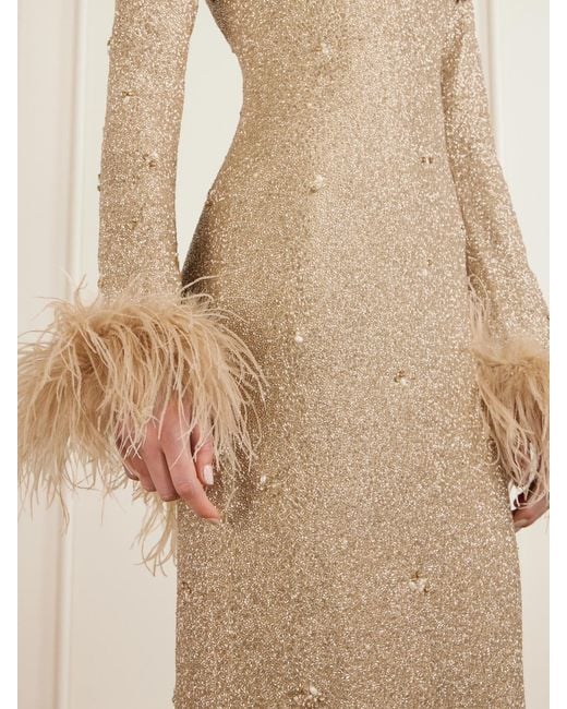 Clio Peppiatt Natural Mae Feather-Trimmed Embellished Beaded Tulle Gown