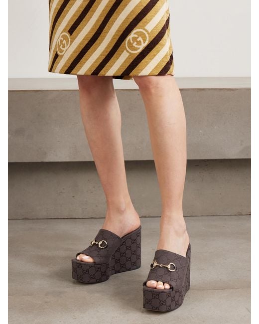Gucci Brown Horsebit-Embellished Canvas-Jacquard Platform Mules