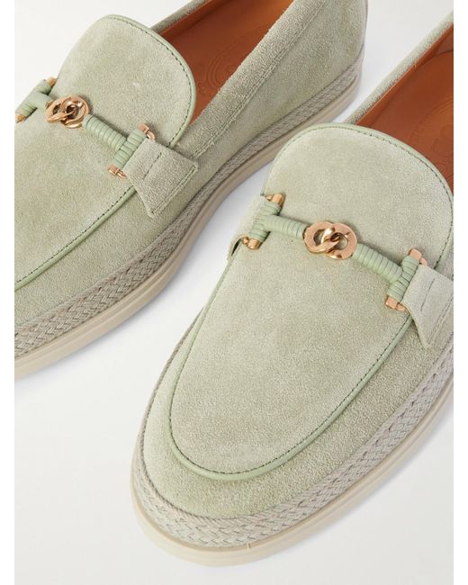 Tod's Natural Gomma Embellished Leather And Raffia-Trimmed Suede Loafers