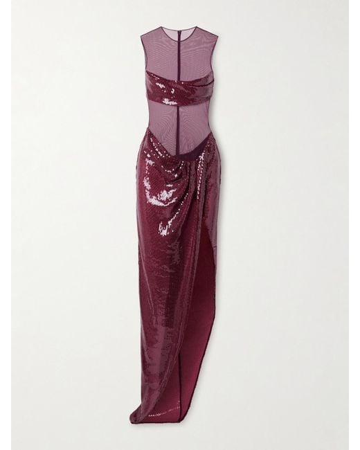 Alex Perry Purple Asymmetric Paneled Draped Sequined Tulle Gown