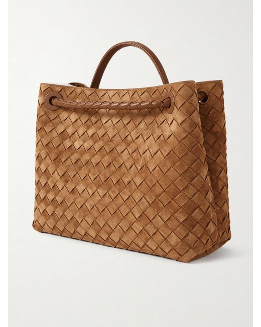 Bottega Veneta Brown Andiamo Medium Shearling-Lined Leather-Trimmed Intrecciato Suede Tote