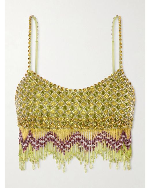 Bode Yellow Bottleglass Cropped Fringed Beaded Satin Top