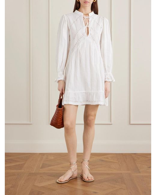 Loretta Caponi White Recanati Ruffled Pleated Lace-Trimmed Cotton Mini Dress