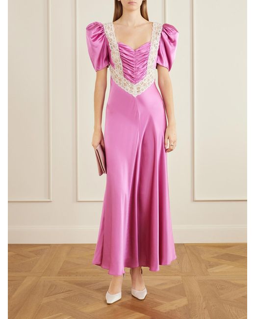 Rodarte Pink Ruched Embroidered Lace-Trimmed Silk-Twill Maxi Dress