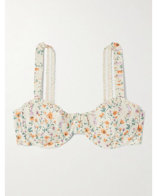 Agua Bendita White Argaz Chinesis Ruffled Floral-Print Recycled Bikini Top