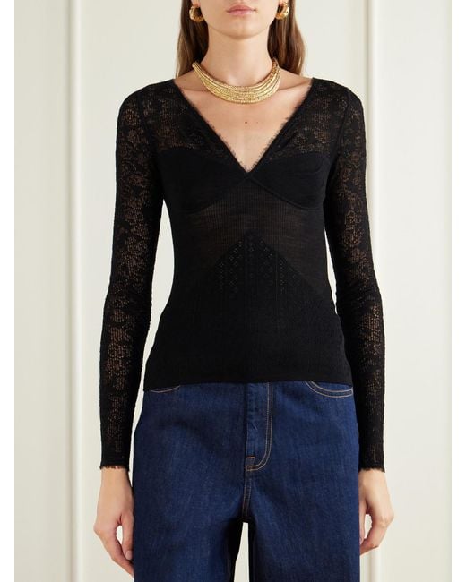 Zimmermann Black Pointelle Merino Wool-Blend Lace Top