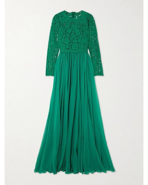 Dolce & Gabbana Green Silk-Blend Lace And Pleated Chiffon Gown