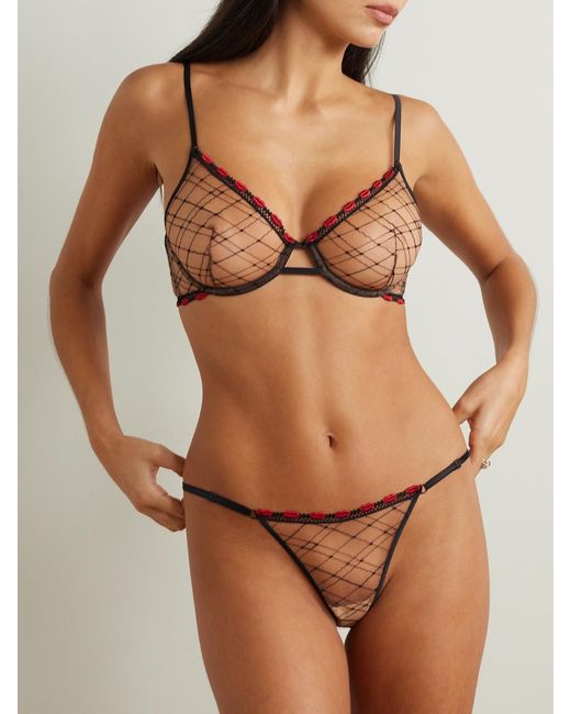 Kiki de Montparnasse Natural La Bise Silk-Blend Trimmed Appliquéd Embroidered Tulle Underwired Soft-Cup Demi Bra