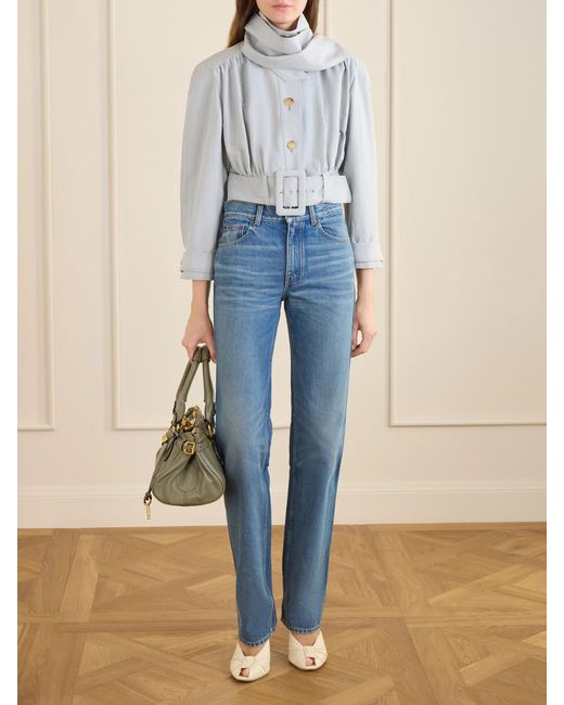 Chloé Blue Belted Scarf-Detailed Gathered Linen And Cotton-Blend Jacket