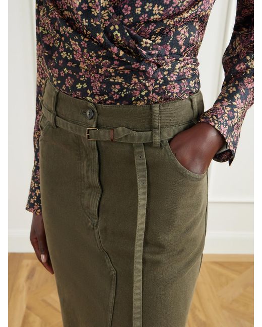 Dries Van Noten Green Belted Cotton-Twill Midi Skirt