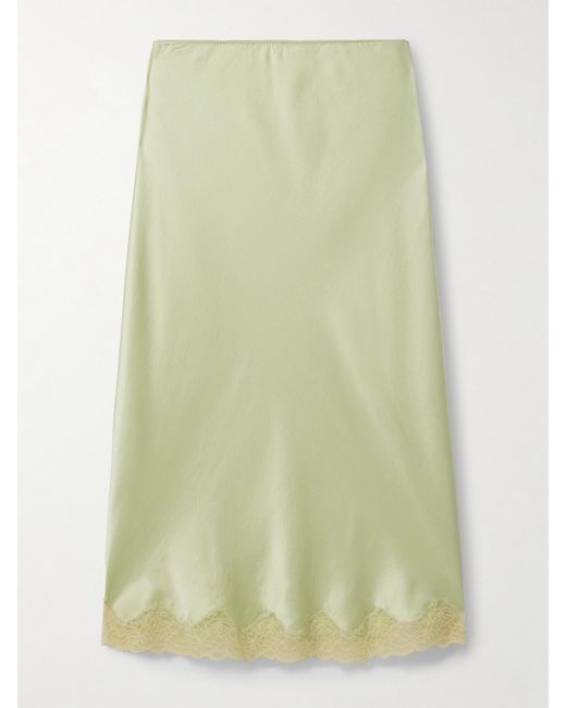 The Row Green Irene Lace-Trimmed Silk-Charmeuse Skirt