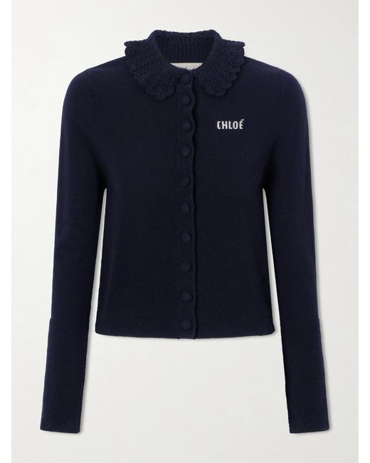 Chloé Blue Logo-Embroidered Wool Cardigan