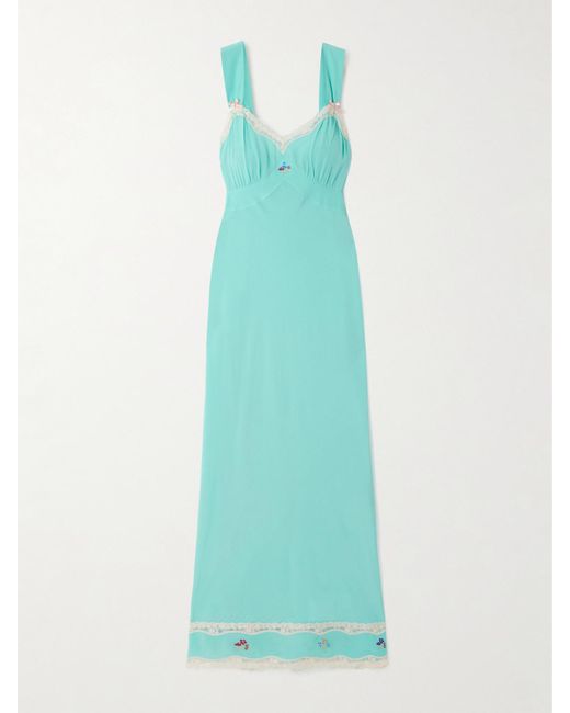 Rixo Blue Lucie Lace-Trimmed Embroidered Crepe De Chine Midi Dress